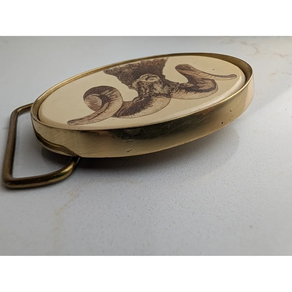 Vintage 1983 Barlow Solid Brass Bighorn Ram Scrimshaw Belt Buckle Made in USA
